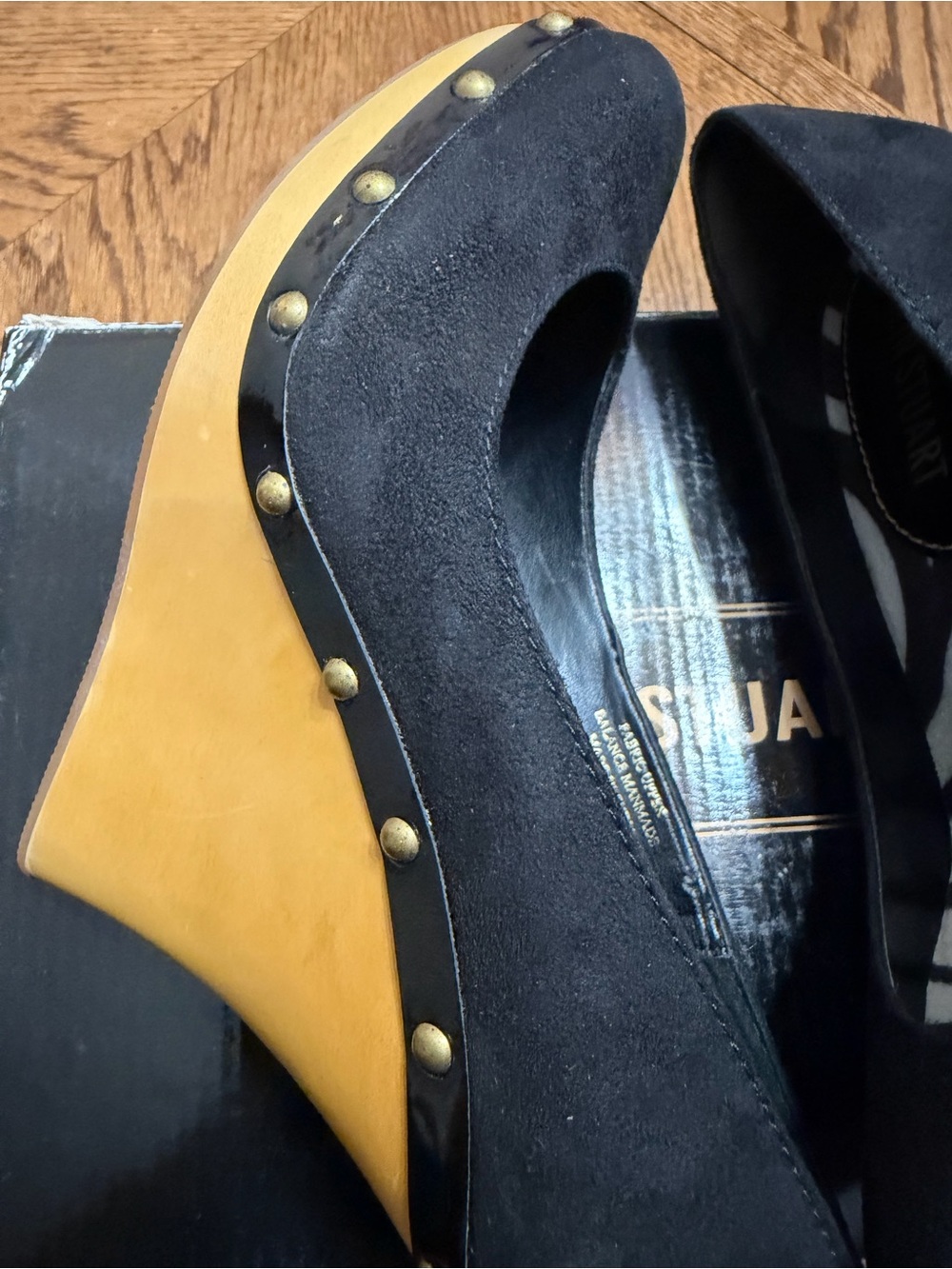 Colin Stuart Black Suede Upper with Tan Wood Wedge and Stud Detail